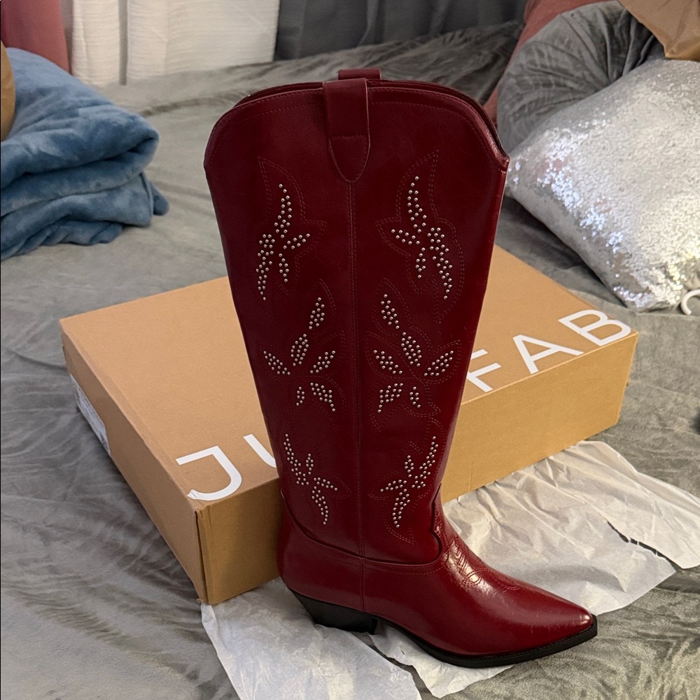 JustFab Burgundy Heeled Boots with Embellishments - Picture 5 of 11